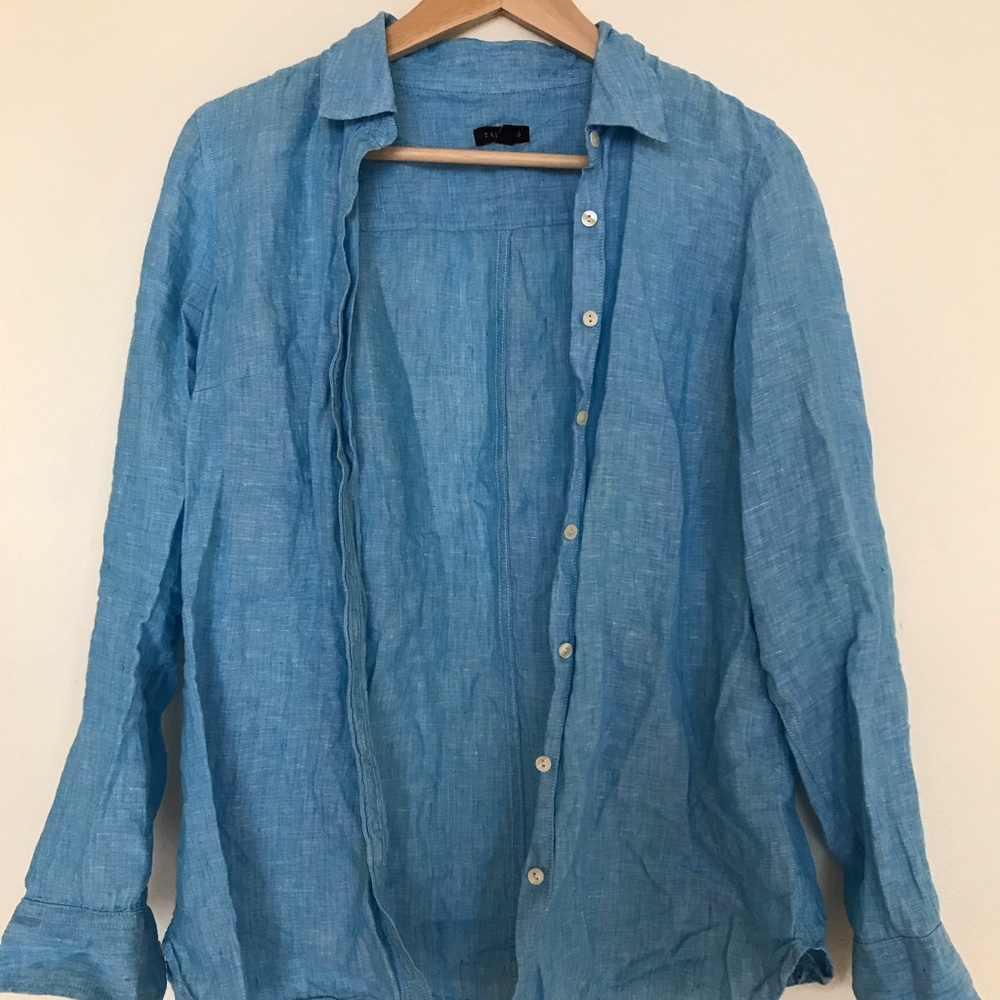 Blue linen button down shirt